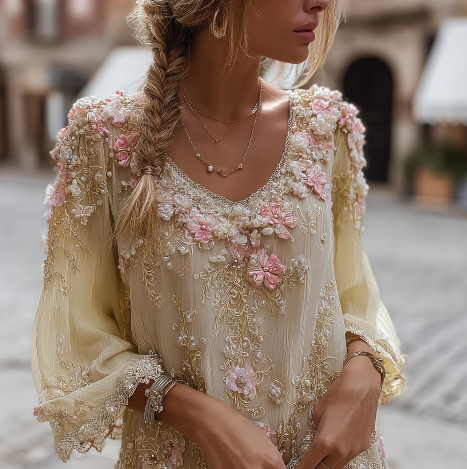 Bohemian Style Plant And Flower Embroidery Women's Round Neck Long Sleeve Cotton And Linen Top elevenforest