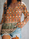 Women's Vintage Floral Collage Art Pattern Print Casual V-neck Long Sl