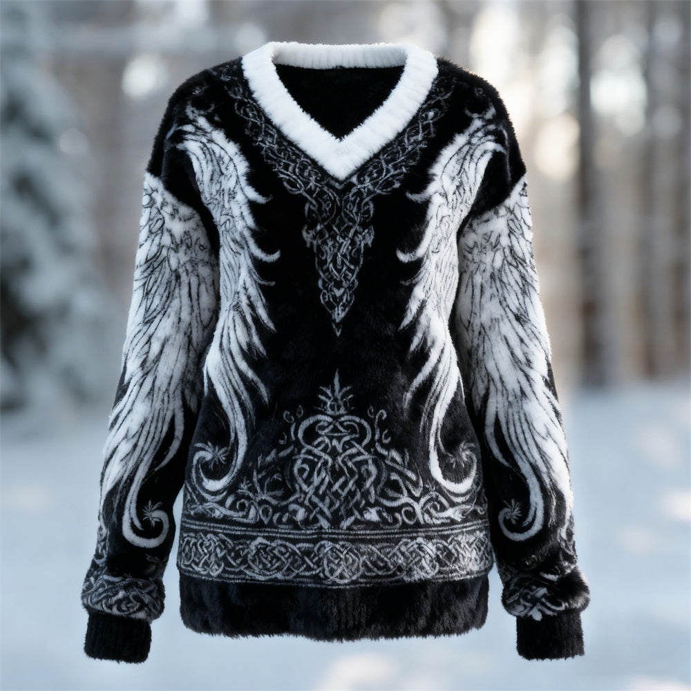 Comstylish Viking Celtic Wing Design Women's Flannel V-neck Sweater