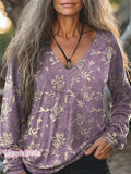 Women's Bohemian Flower Art Print Casual V-neck Long Sleeve Cotton T-s