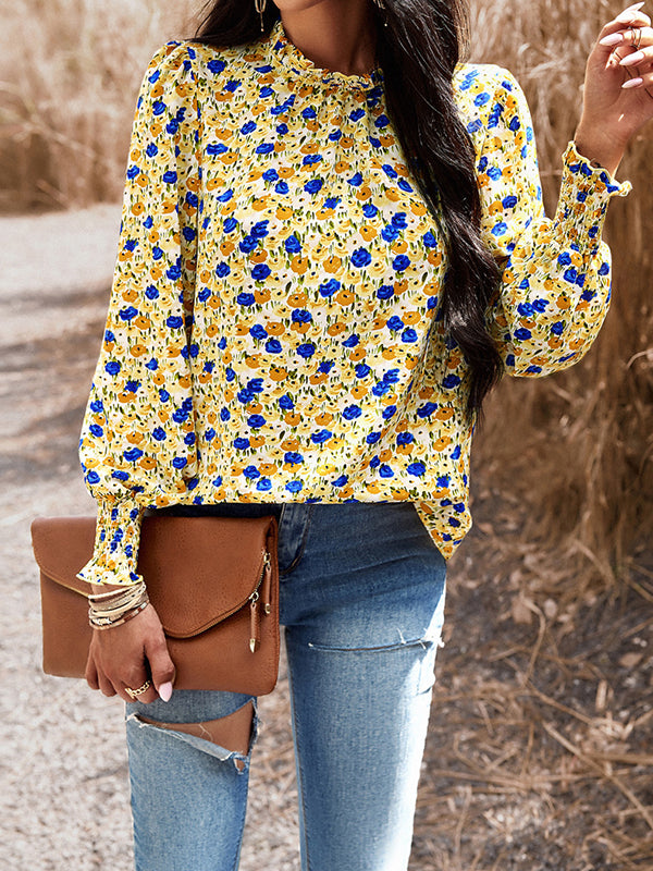 Long Sleeves Loose Elasticity Flower Print Ruffled Mock Neck Blouses&shirts Tops