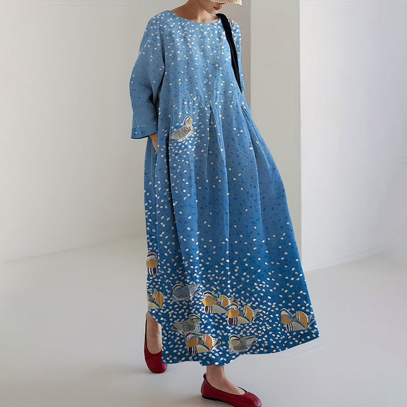 Comstylish Women's Japanese Mandarin Duck Art Print Midi Dress