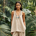 Women's Ethnic Floral Embroidery Art Linen Sleeveless Tank Top elevenforest