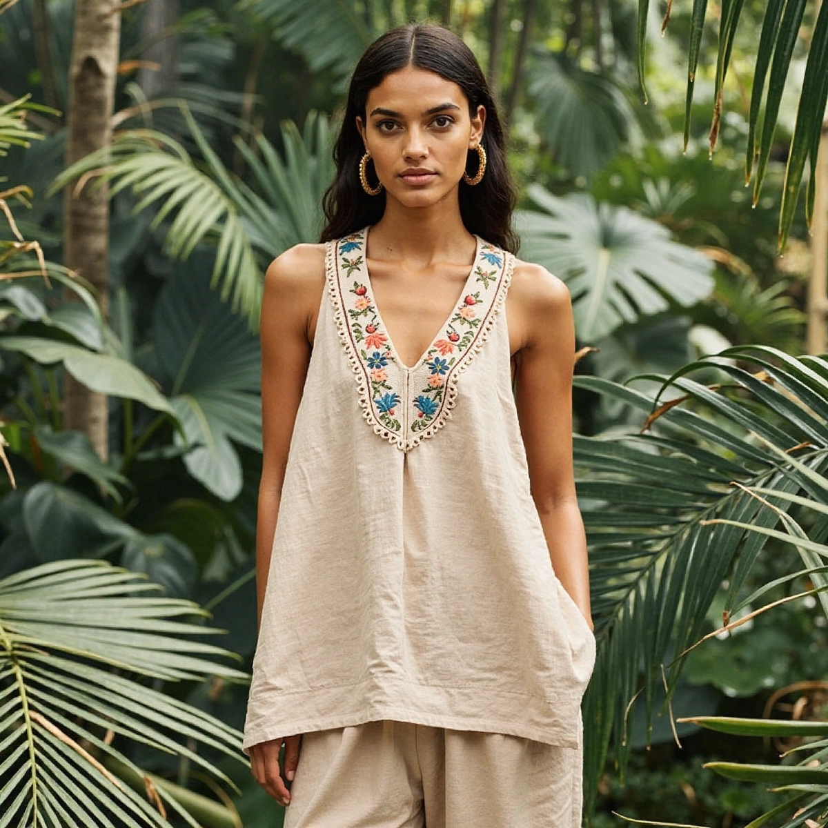 Women's Ethnic Floral Embroidery Art Linen Sleeveless Tank Top elevenforest