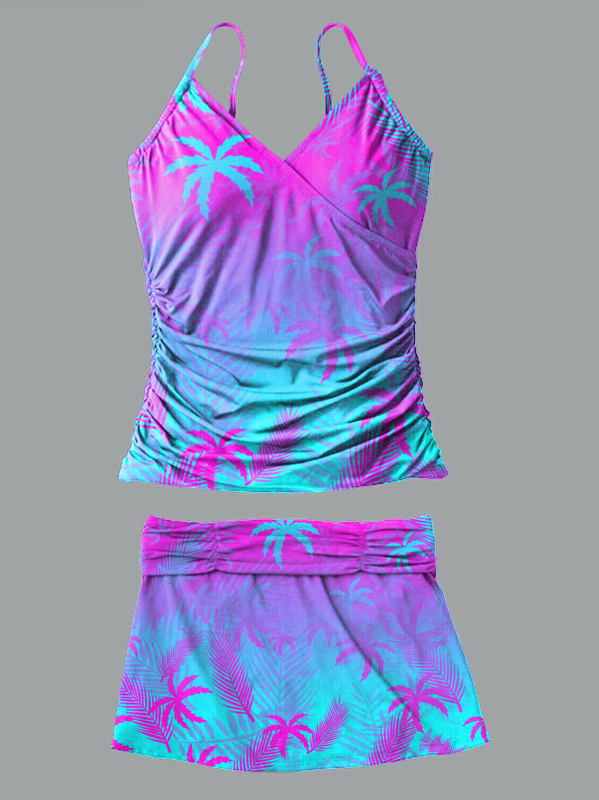 V-Neck Summer Gradient Palm Trees Print Suspender Skirt Tankini Pantskirt Set Swimsuit