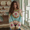 Women's Bohemian Chunky Knit Floral Crew Neck Sweater artswardrobe