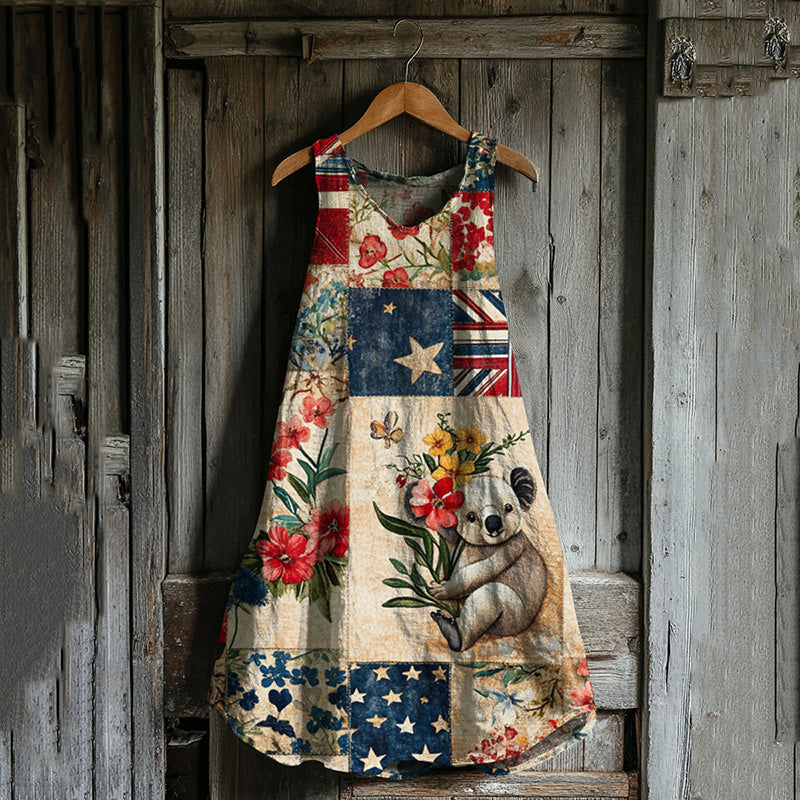 Vintage Loose  Australian Save Koala Protect Koala Cute Koala Pattern Art Print Linen Tank Dress elevenforest
