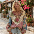 Women's Vintage Bohemian Floral And Rose Patchwork Linen V Neck Shirt elevenforest