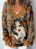 Whimsical Patchwork Cat Art Cozy Knit Sweater elevenforest