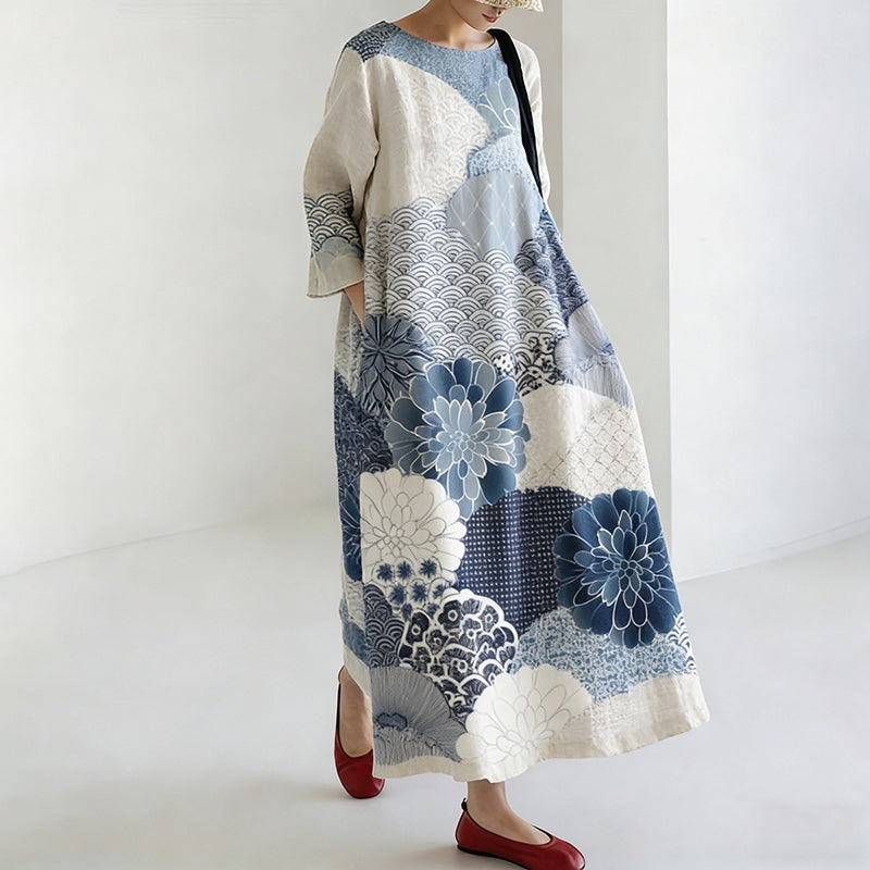 Comstylish Women's Japanese-style Linen Dress With Floral Pattern