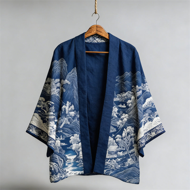 Japanese Mountains Landscape Lino Art Linen Kimono elevenforest