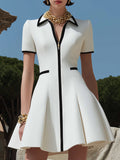 Women's White Zipper Design With Black Trim Dress