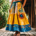 Vintage Sunflower And Lace Patchwork Embroidered Pattern Flowy Wide Skirt elevenforest