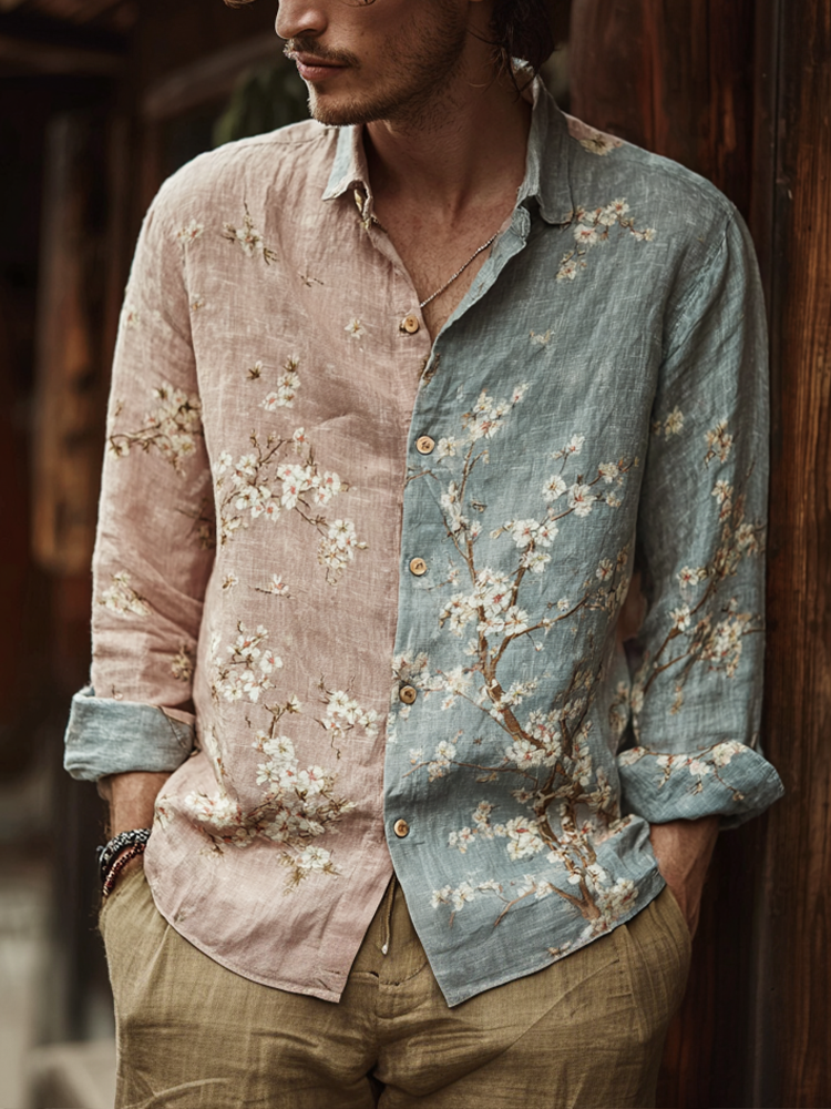 Bohemian Retro Style Floral Print Men's Long-sleeve Shirt elevenforest