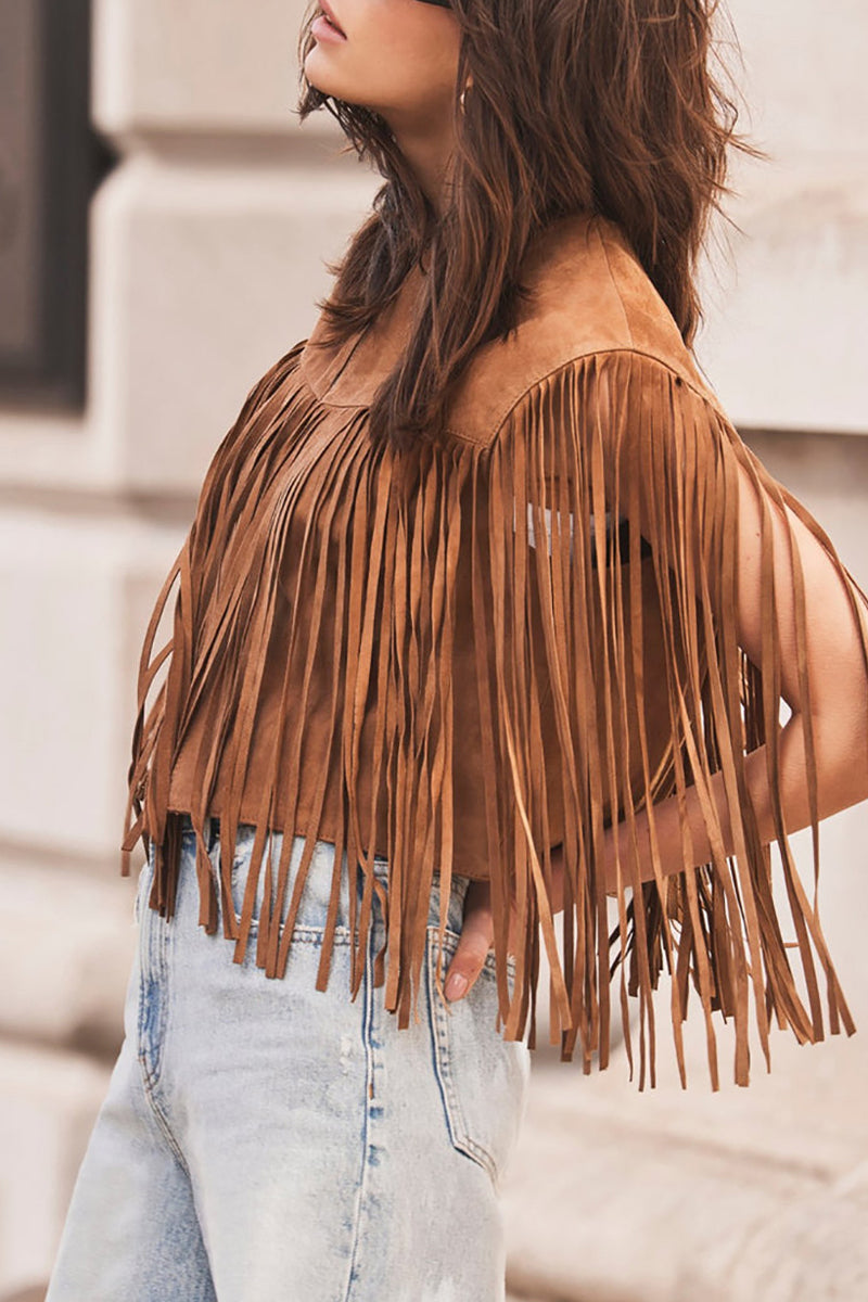 Street Color Fringed Trim O Neck Waistcoats