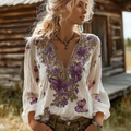 Bohemian Style Purple Flower And Butterfly Pattern Women's V-neck Top elevenforest