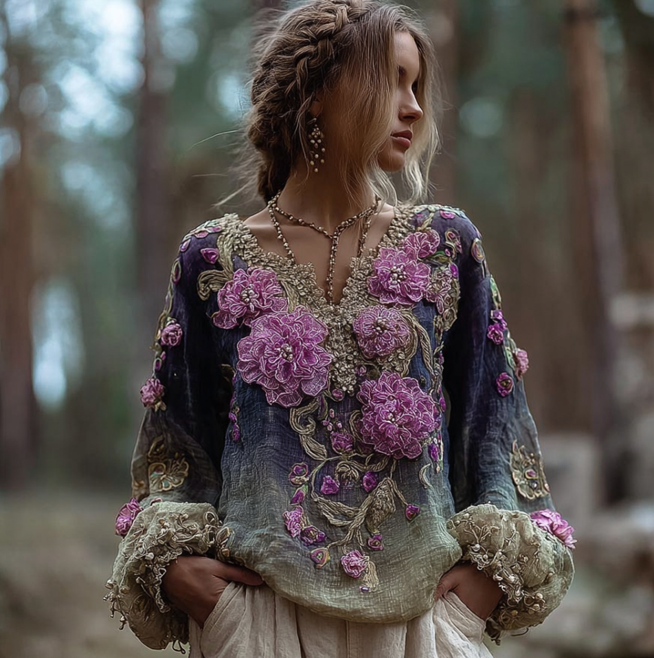 Bohemian Style Round Neck Long Sleeve 3d Purple Flower Design Cotton And Linen Top For Women elevenforest