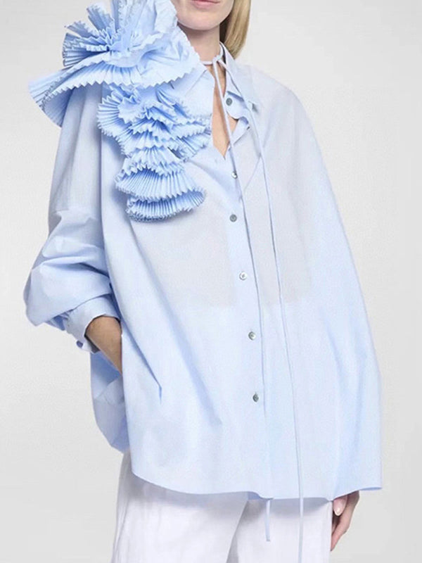Long Sleeves Loose Asymmetric Buttoned Pleated Color Split-joint Three-dimensional Flower Lapel Blouses&shirts Tops
