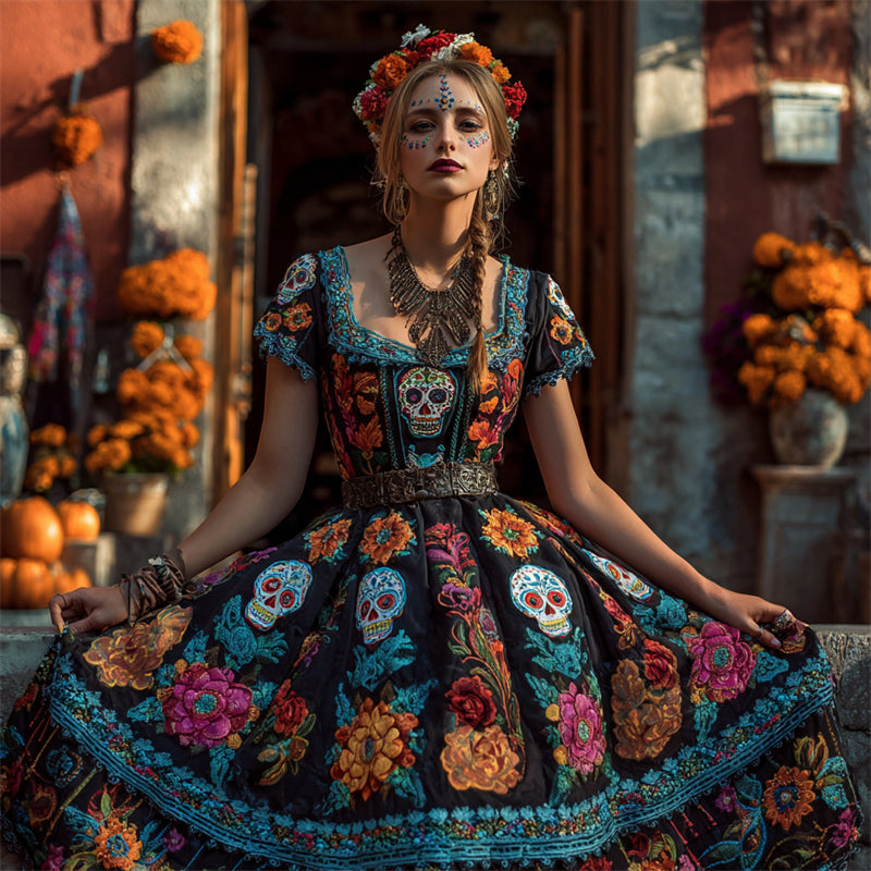 Day Of The Dead Sugar Skulls Floral Embroidered Wide Skirted Linen Dress elevenforest