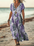 Women's Lavender Floral Embroidered Linen Blend Dress elevenforest
