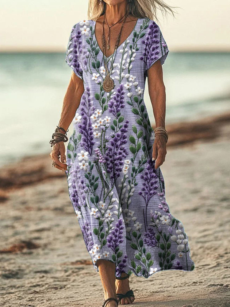 Women's Lavender Floral Embroidered Linen Blend Dress elevenforest