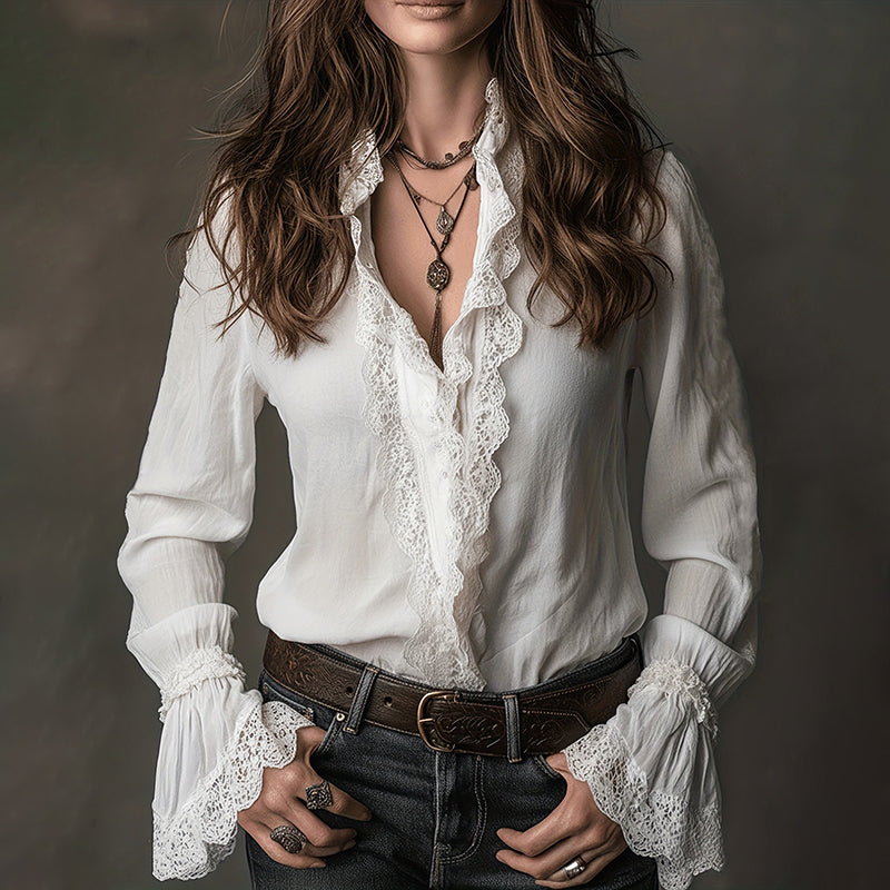 Women's Retro Lace Cotton And Linen Long-sleeved Shirt elevenforest