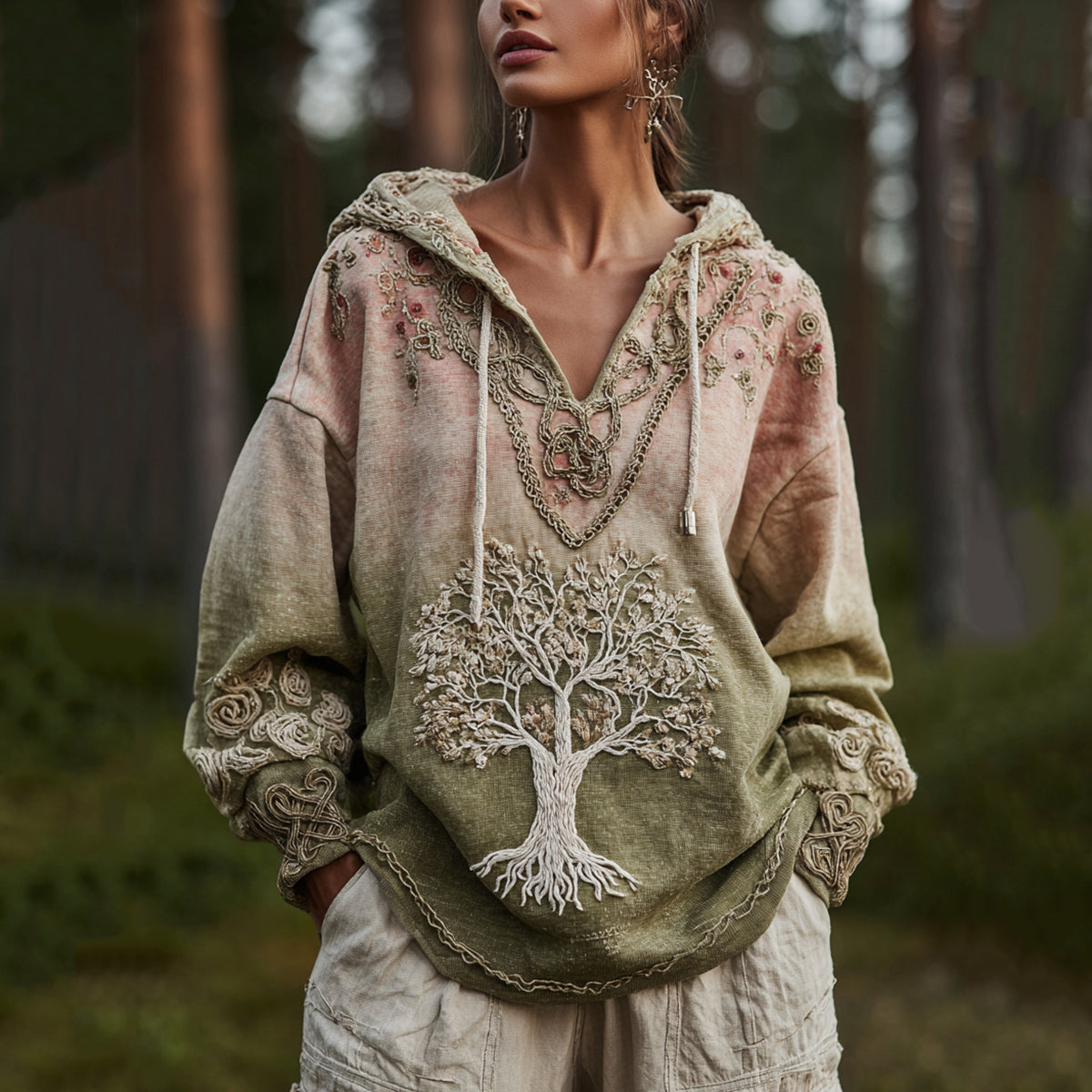 Women's Viking Tree Of Life Celtic Knot Art Gradient Cozy Warm V-neck Hoodie elevenforest