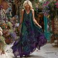 Vintage Purple Floral Embroidered Art Linen Sleeveless Maxi Dress elevenforest