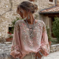 Women's Floral Embroidered Art Round Neck Linen Blend Blouse elevenforest