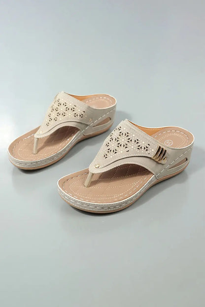 Beige Hollow Out Wedge Slippers