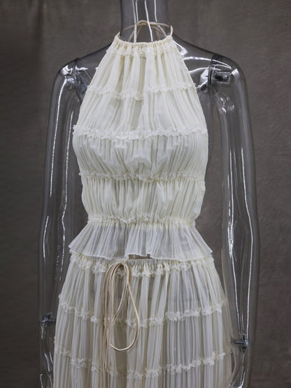 Taruxy Backless Halterneck Strappy Pleated Lace Vest Long Skirt Suit for Mesh Splice Summer Beach Party Outfits