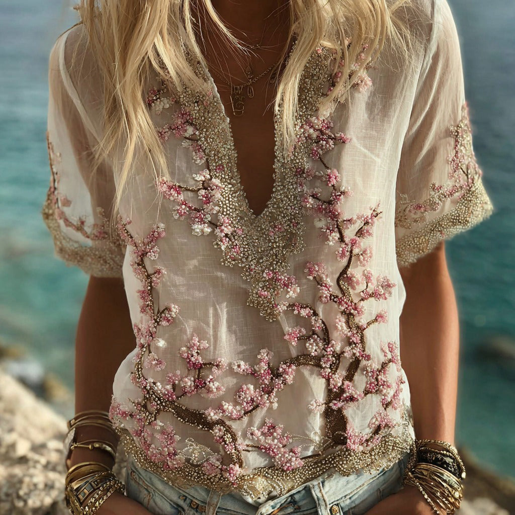 Bohemian Style Sakura Diamond Embroidery Vintage Short-sleeved Shirt elevenforest