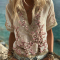 Bohemian Style Sakura Diamond Embroidery Vintage Short-sleeved Shirt elevenforest