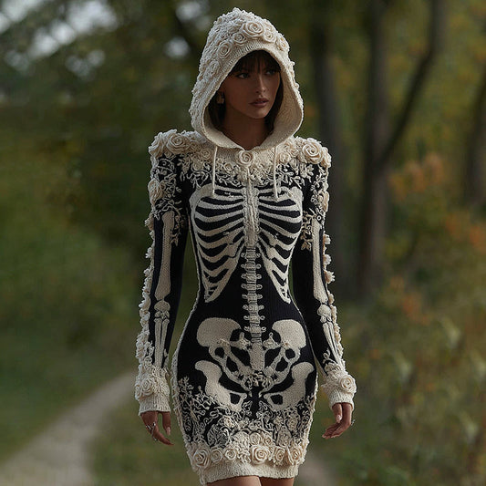 Comstylish Women's Vintage Halloween Skeleton Bones With Rose Art Cozy Knit Hooded Sweater Dress