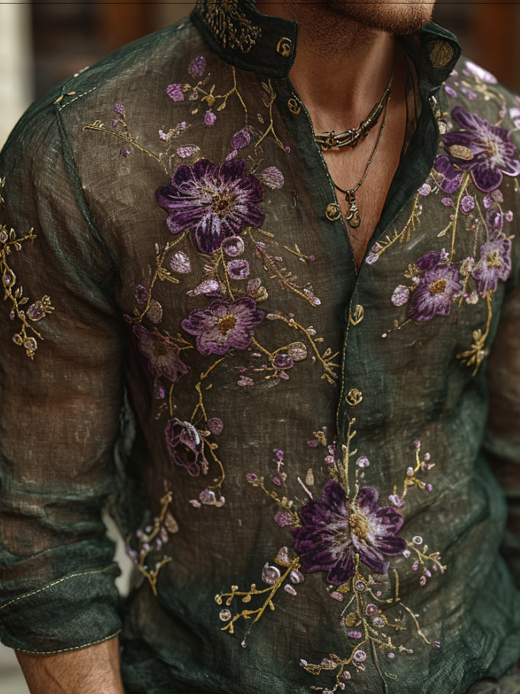 Bohemian Style Purple Flower Vintage Men's Long-sleeved Shirt elevenforest