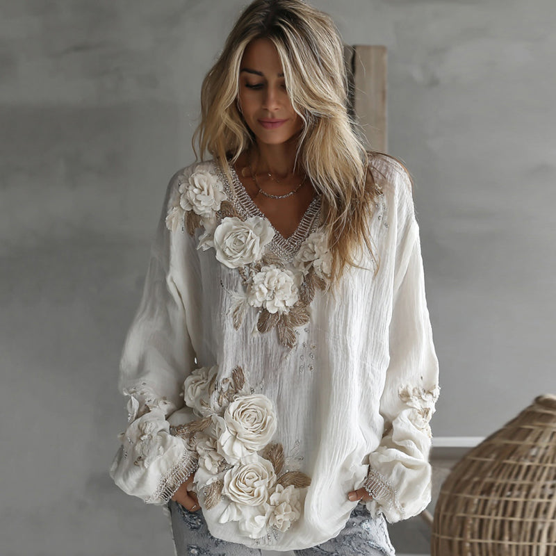 Women's Retro White Rose Embroidery Art V-neck Long Sleeve T-shirt elevenforest