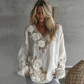 Women's Retro White Rose Embroidery Art V-neck Long Sleeve T-shirt elevenforest