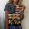 Comstylish Women's Vintage American Flag Floral Embroidered Crew Neck T-shirt