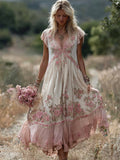 Boho Pink Floral Embroidered Lace Trim Flowy Linen Maxi Dress elevenforest
