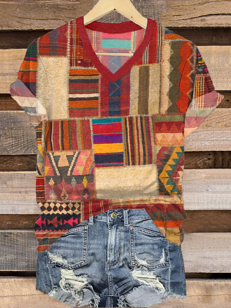 Women's Western Geometric Pattern V-neck T-shirt elevenforest