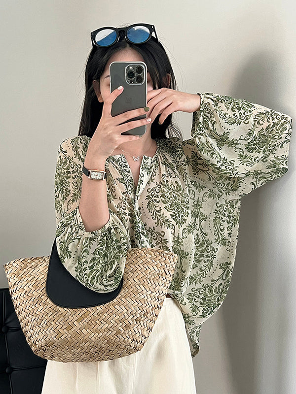 Loose Printed Sun Protection Balloon Sleeves V-neck Blouses