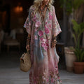 Vintage Boho Roses Embroidered Art Gradient V Neck Maxi Dress elevenforest