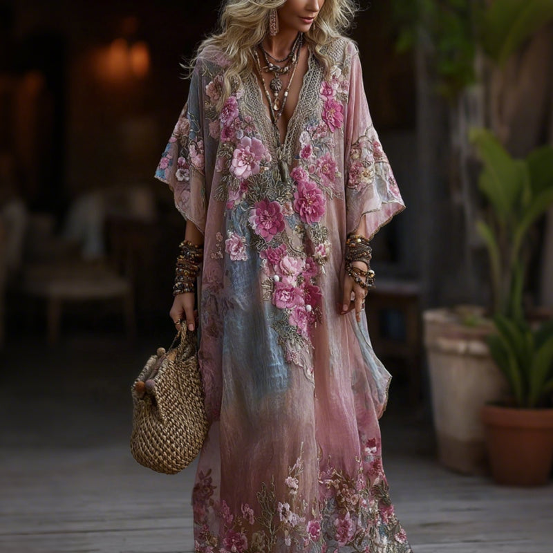 Vintage Boho Roses Embroidered Art Gradient V Neck Maxi Dress elevenforest