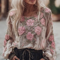 Ladies' Casual Vintage Pink Floral White Long-sleeved Shirt elevenforest