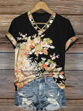 Comstylish Japanese Chrysanthemum Floral Art V Neck T Shirt