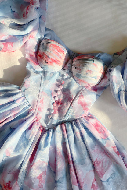 Lantern Sleeve Square Collar Print Mini Dress Blue