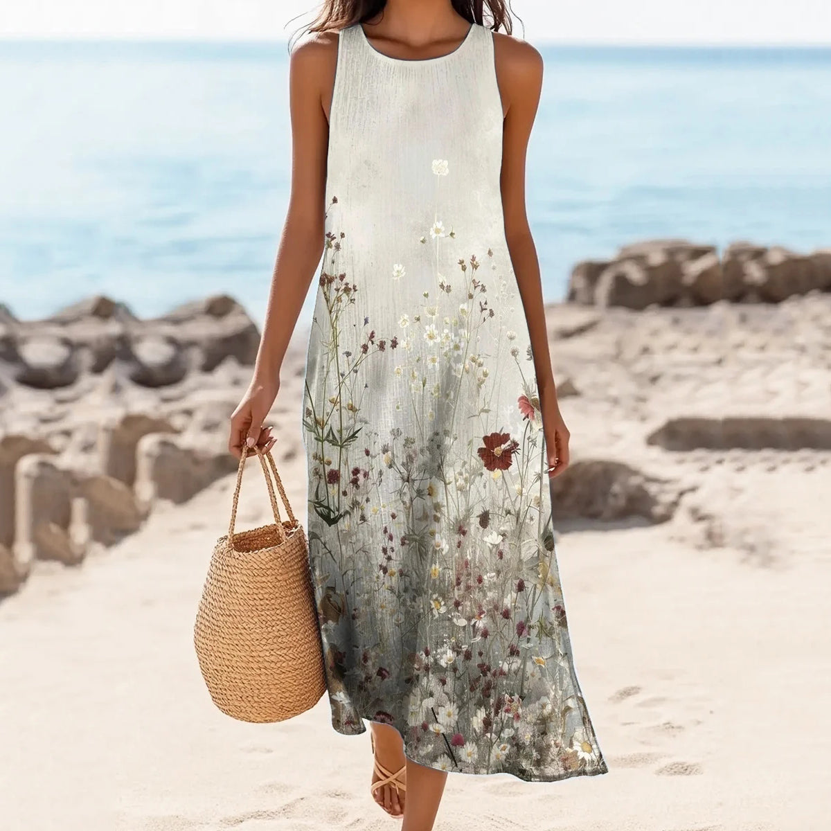 Women's Floral Print Linen Blend Tank Midi Dress elevenforest