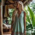 Retro Boho Floral Tribal Art Embroidery Print Cotton And Linen V-neck Sleeveless Midi Dress elevenforest