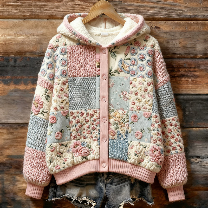 Comstylish Women's Bohemian Floral Knit Jacquard Button Hooded Sweater