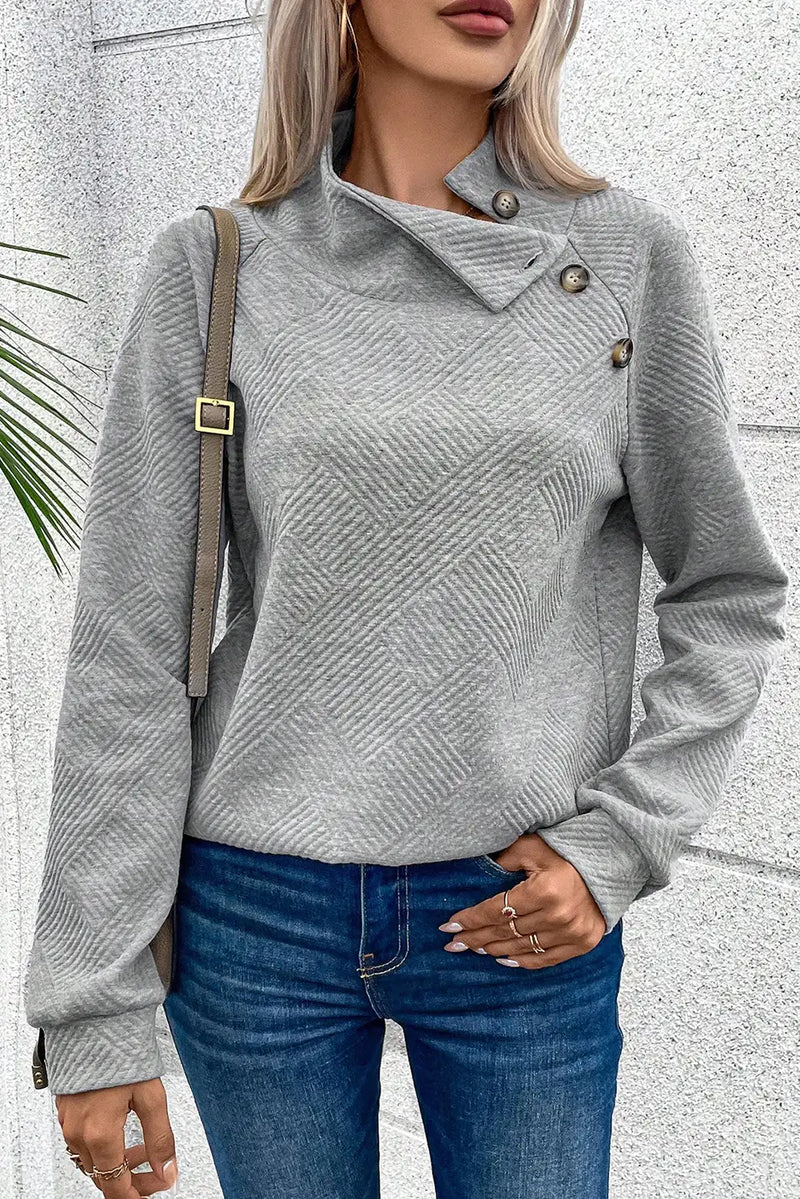 Gray Asymmetric Ribbed High Neck Textured Sweatshirt